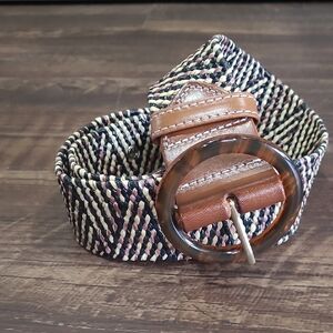 J. McLaughlin Multicolor Woven Elastic Belt with Tortoise Round Buckle M